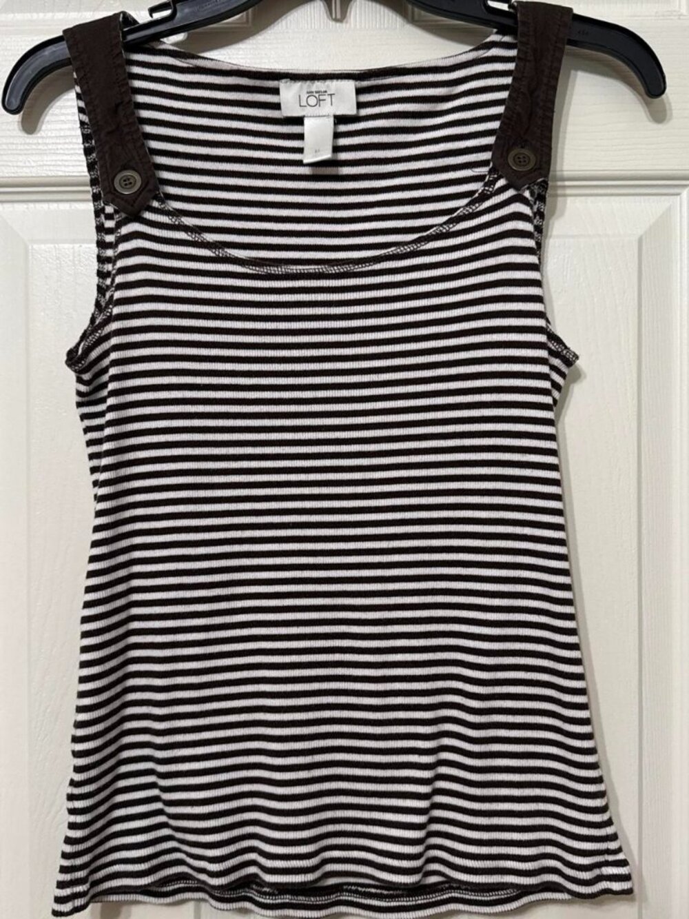 Ann Taylor M white and brown striped tank top with button straps